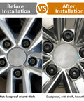 Before and after installation of 20 Pack 17mm Wheel Lug Nut Covers With Removal Tool Slick Black Bolt Cap Covers Replacement For VW