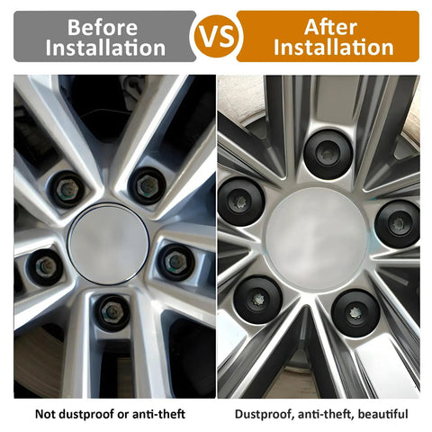 Before and after installation of 20 Pack 17mm Wheel Lug Nut Covers With Removal Tool Slick Black Bolt Cap Covers Replacement For VW