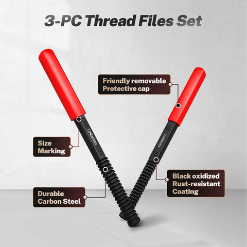 TOMMARS 3-Pc thread file set with red handles and black carbon steel bodies for restoring external SAE/Metric threads