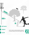 Illustration showing VD mode for disc golf measuring distance and slope with silhouette of player throwing disc 331 feet over tree.