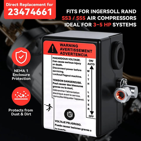 Air Compressor Pressure Switch 100/135 PSI With Built-In Unloader Valve 3/8 NPT Replacement For SS3 SS4 SS5 shown with warnings