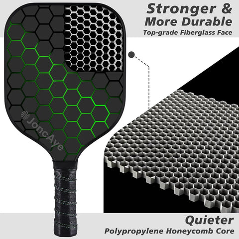 Close-up of a fiberglass pickleball paddle with hexagonal design from the All In One Pickleball Gear Kit with 4 Fiberglass Graphite Paddles, 2 Outdoor Balls, 2 Indoor Balls, Lead Tapes, Bag, and Essentials for Beginners to Pros, USAPA Approved for Men, Women, Kids, Adults