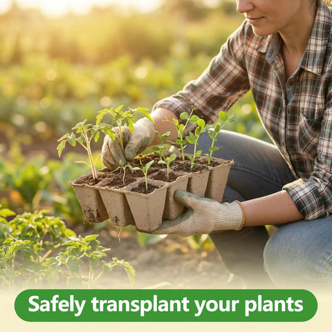 Gardener holding 144 Cell Seed Starter Tray With Biodegradable Peat Pots 12 Pack Plant Starter Kit For Seedlings outdoors