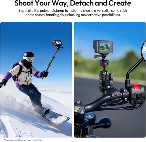 Invisible Quick Release Selfie Stick Motorcycle Mount Kit With 40 Inch Adjustable Extension Pole And Dual Head Clamp