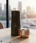 Rechargeable Portable Turkish Coffee Maker USBC Powered Cordless And Compact For Outdoors Travel Camping Office And Home Brewing Night Black Grab And Go Coffee on a wooden table with steaming cup