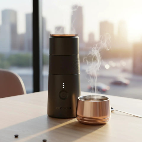Rechargeable Portable Turkish Coffee Maker USBC Powered Cordless And Compact For Outdoors Travel Camping Office And Home Brewing Night Black Grab And Go Coffee on a wooden table with steaming cup