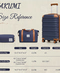 TAKUMI navy 3-piece luggage set: ABS+PC hardshell carry-on suitcase with brown trim, matching duffel and toiletry bag
