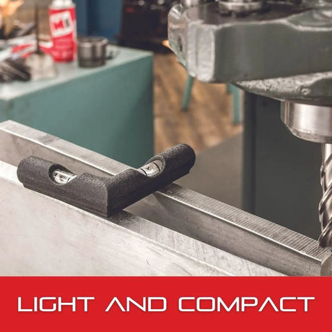 Cross Leveling Tool With Dual Vials At Right Angles For Quick Squareness Checks Cast Iron With Satin Nickel Finish 2 3 4 Inch Square Tool shown on metal workbench