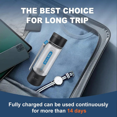 Hydrogen Water Generator Bottle With Dual Chamber SPE PEM Tech, portable design, shown in suitcase with travel essentials