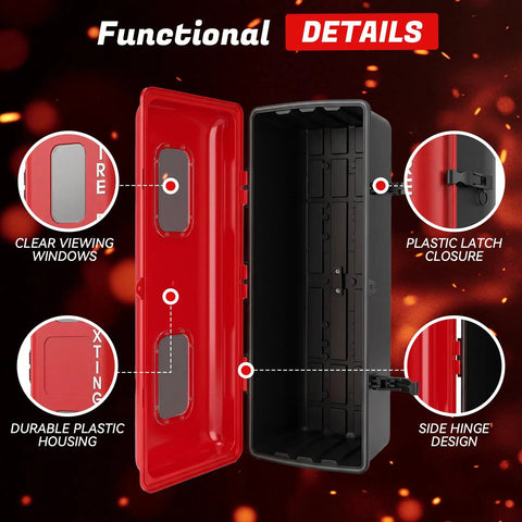 Heavy Duty Red Fire Extinguisher Cabinet With Hella Secure External Latch And Locking Strap For Indoor Outdoor Wall Mount Holds Five To Ten Pound Units Built Tough For Absolute Peace Of Mind Protection Every Day