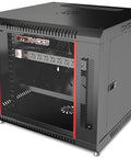 Heavy Duty 9U Wall Mount Server Rack Cabinet With 19 Inch Mounting And 24 Inch Depth in black finish with glass door.