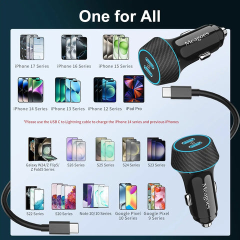 Two Pack Dual 45W PD USB C Car Charger With 90W Total Output with compatibility chart for various devices in image background.