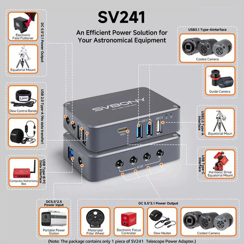 Diagram of SV241 Outdoor Telescope Power Hub With Micro DC And USB Type C Ports For High Speed Output And Easy Power Source Compatibility Ideal For Astrophotography On The Go, showing multiple connections and outputs.