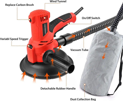 Electric Drywall Sander With Vacuum For Dustless Sanding, 710W Portable Handheld Wall And Ceiling Sander, detachable handle visible