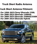 Short 3 Inch Black Antenna Replacement For Sierra And Silverado Trucks, Low Profile Aluminum Mast, on Blue Pickup