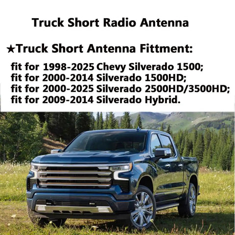 Short 3 Inch Black Antenna Replacement For Sierra And Silverado Trucks, Low Profile Aluminum Mast, on Blue Pickup
