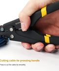 Hand using Pro Grade Cable Tie Gun Zip Tie Tool For Tensioning And Cutting Nylon Ties Up To 0.35 Inches, Easy Grip Ergonomic Handle