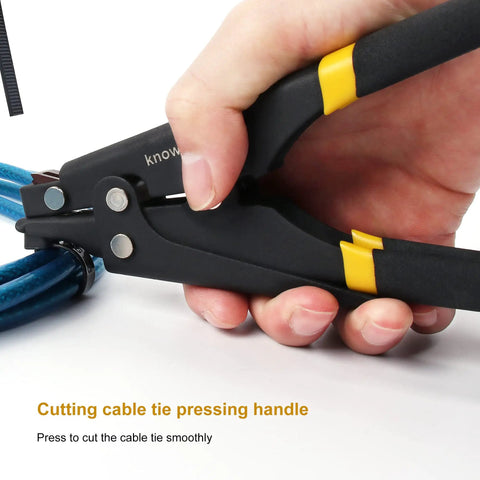 Hand using Pro Grade Cable Tie Gun Zip Tie Tool For Tensioning And Cutting Nylon Ties Up To 0.35 Inches, Easy Grip Ergonomic Handle