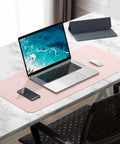 Pink Desk Pad 30x14 Inch PU Leather Desk Mat Waterproof Non Slip Ultra Thin XL Extended Mouse Pad on desk with laptop