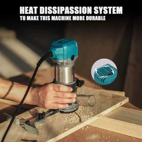 Person using Powerful 6.5 Amp Wood Router Tool With 1.25 HP Compact Trim Router showing heat dissipation feature on wood surface.