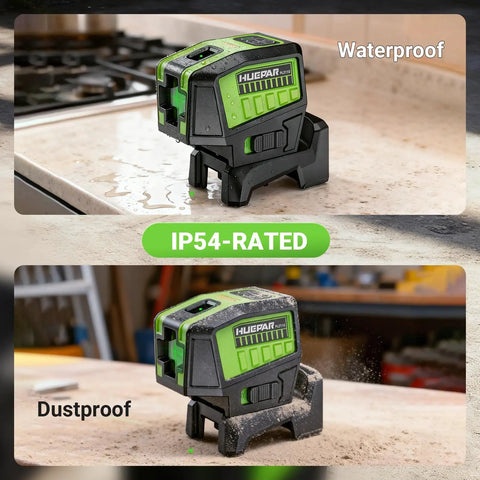 Self Leveling Laser Level With Plus Mode And Dual Line Plus 2 Plumb Dots, shown IP54-rated for water and dust resistance.