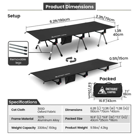 Super Sturdy Height Adjustable Camping Cot With Leg Extenders Holds Up To 330 Pounds Lightweight Comfy Folding Bed