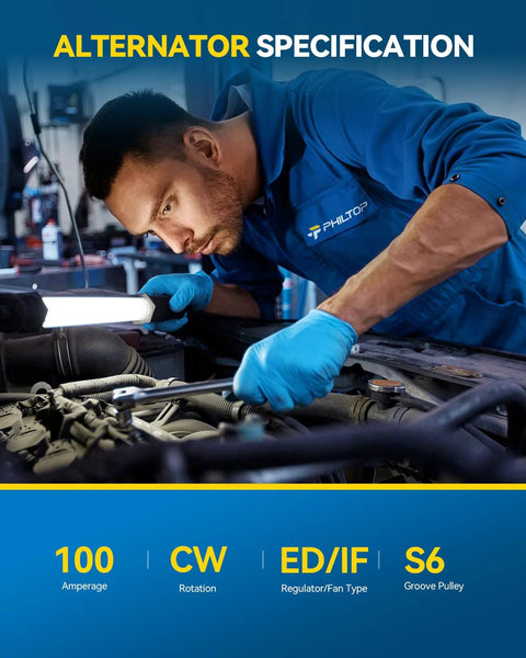 Mechanic installing High Amp Replacement Alternator For Mazda 6 And MX5 Miata 100 Amp 12V With 6 Groove CW Pulley in a car engine