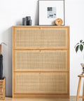 Ultra Slim Wooden Shoe Rack With Swinging Doors And Wide Top Counter Built For Tight Hallways And Mudrooms To Keep Your Kicks Stacked In A Super Slick Walnut Finish.