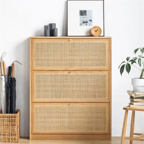 Ultra Slim Wooden Shoe Rack With Swinging Doors And Wide Top Counter Built For Tight Hallways And Mudrooms To Keep Your Kicks Stacked In A Super Slick Walnut Finish.