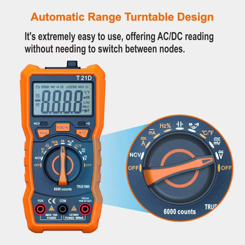 Auto Ranging Pro Grade Digital Multimeter with TRMS 6000 counts, orange shell, close-up of rotating knob and display features.