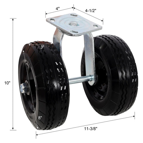 8 Inch Black Flat Free Swivel Caster With Dual PU Foam Wheels And Roller Bearings Heavy Duty 660 Lbs Load Capacity Zinc Plated Industrial Caster For Rough Floors And Fragile Equipment Transport, front view