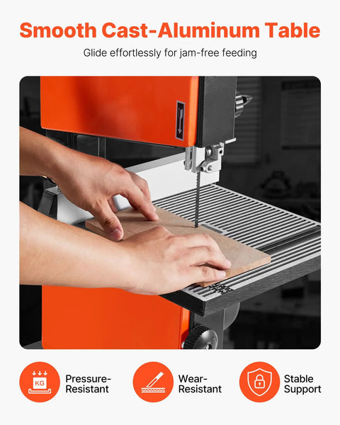 Person using 9 Inch Benchtop Woodworking Band Saw With 0.5 HP Motor for beast mode cuts up to 3.5 inches on cast aluminum table.
