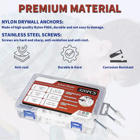 320 Piece Self Drilling Drywall Anchors And Screws Kit No Pre Drill 75 Lb Capacity with organizer box and premium material info