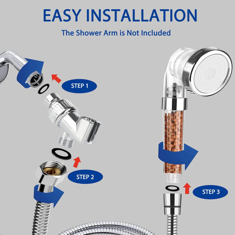 Installation steps for Silver High Pressure Shower Head With Filters, Purifying Handheld Detachable Showerhead, hose included.