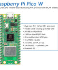 Raspberry Pi Pico W microcontroller board front view; green PCB with USB-C port and GPIO header