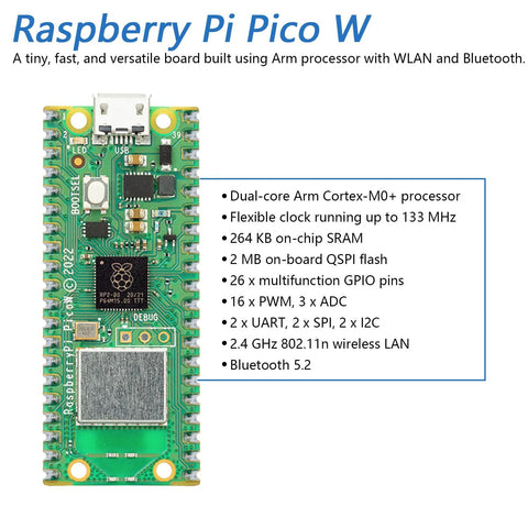 Raspberry Pi Pico W microcontroller board front view; green PCB with USB-C port and GPIO header