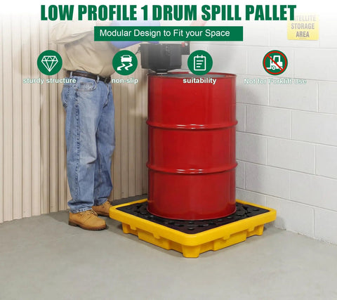 Heavy Duty Spill Containment Pallet For 55 Gal Drum, Low Profile Leak Proof Platform With 11.35 Gallon Sump, Removable Grating