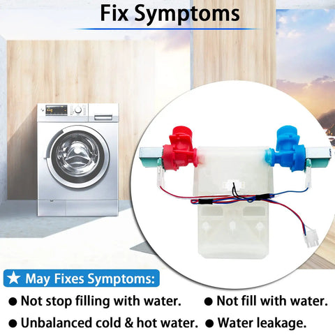 Washer Water Inlet Valve Replacement For Kenmore Maytag Crosley Amana Inglis Fast Fix For Leaks And Irregular Water Flow Or Temperature Issues Compatible With W10701459 W11025984 W10838319 W11210459VP shown with washing machine.