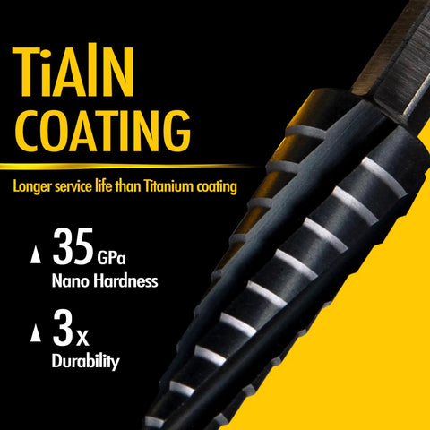 Close-up of Four Spiral Flute Cobalt Step Drill Bit For Metal And Plastic showing TiAlN coating and durability specs.