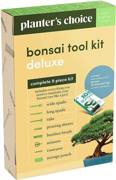 Box of All In One Bonsai Tool Kit With Bonsai 101 Book And Fabric Storage Holder Includes Wooden Rake Long And Wide Spades Scissors Tweezers