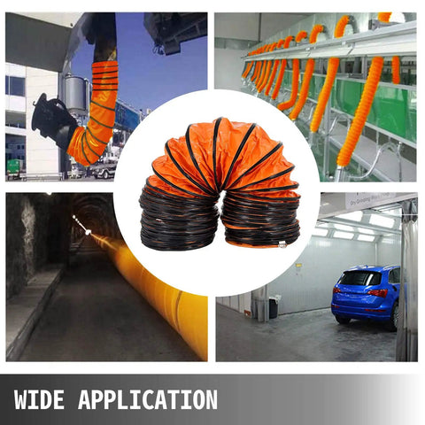 25 Foot PVC Flexible Duct Hose For 12 Inch Utility Blowers And Exhaust Fans Explosion Proof Durable Vinyl With Adjustable Rope Mouth Seal Easy Fit For HVAC Venting At Home Or Workshop shown in various applications