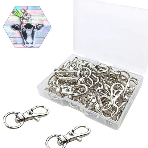 30 Pack Silver Zinc Alloy Swivel Lanyard Snap Hooks With Tight Grip Clamp And Smooth 360 Spin Perfect For Keys Tags Or Everyday Carry in clear container.