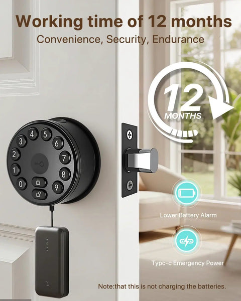 Legit Smart Fingerprint Door Lock With Keypad And Wireless App Control For Next Level Home Safety Holds Two Hundred Personal Codes One Hundred Fingerprints And Backup Keys For Totally Stress Free Daily Use, displaying battery charging features.