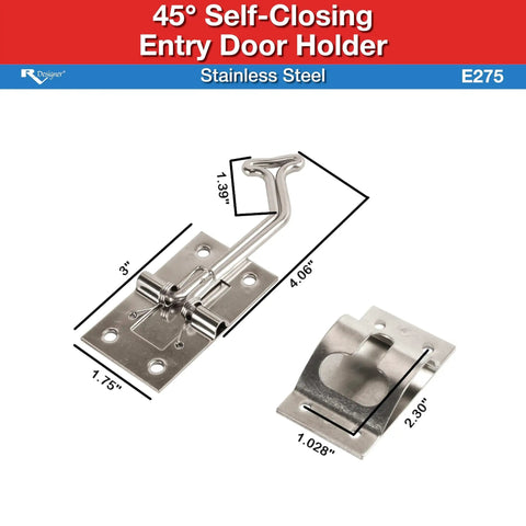 45 Degree Stainless Steel Entry Door Holder for RVs With Spring Loaded Self Closing Mechanism and Heavy Duty Angled T Handle Design