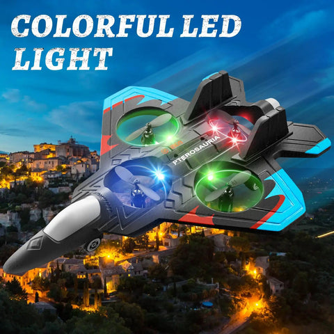 Foam RC Plane For Kids And Adults With Two Batteries, 360 Degree Flips, LED Lights, Stunt Drone Toy in flight over a town