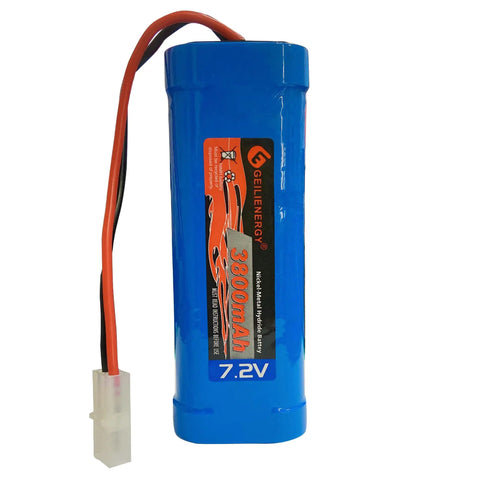 7.2V 3800mAh NiMH RC Battery 6 Cell With Tamiya Connector, blue casing, for cars, trucks, planes, racing ready, shown upright.