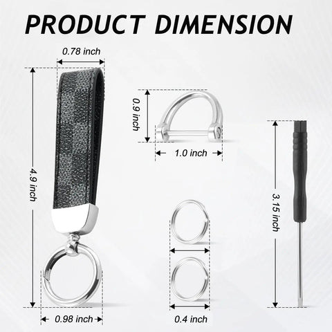 Two Pack Premium Leather Keychain Set dimensions with D-ring, key rings, and screwdriver for cars and everyday carry organizer.