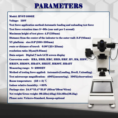 Hella Precise Micro Digital Vickers Hardness Tester With Automatic Turret And Top Shelf Vicker Meter Featuring A 7 Inch Touch Screen Display For Smooth Professional Calibration At 110 Volts with detailed parameters.