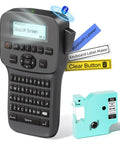 Real Deal Handheld Label Maker With Plug and Play Bluetooth Sync showing backlit screen, QWERTY keyboard, and label roll.