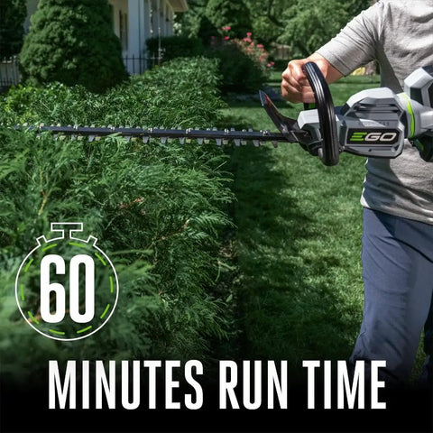 Person using Cordless 26-Inch Hedge Trimmer With 56V 2.5Ah Battery And Charger, Carbon Fiber Rail For Ultra Durable Lightweight Build